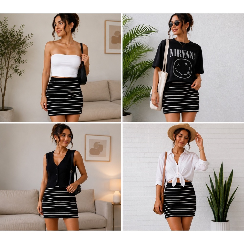 APT. 9 Skirt Womens‎ Large Black White Striped Stretch Lined Pencil Midi Skirt